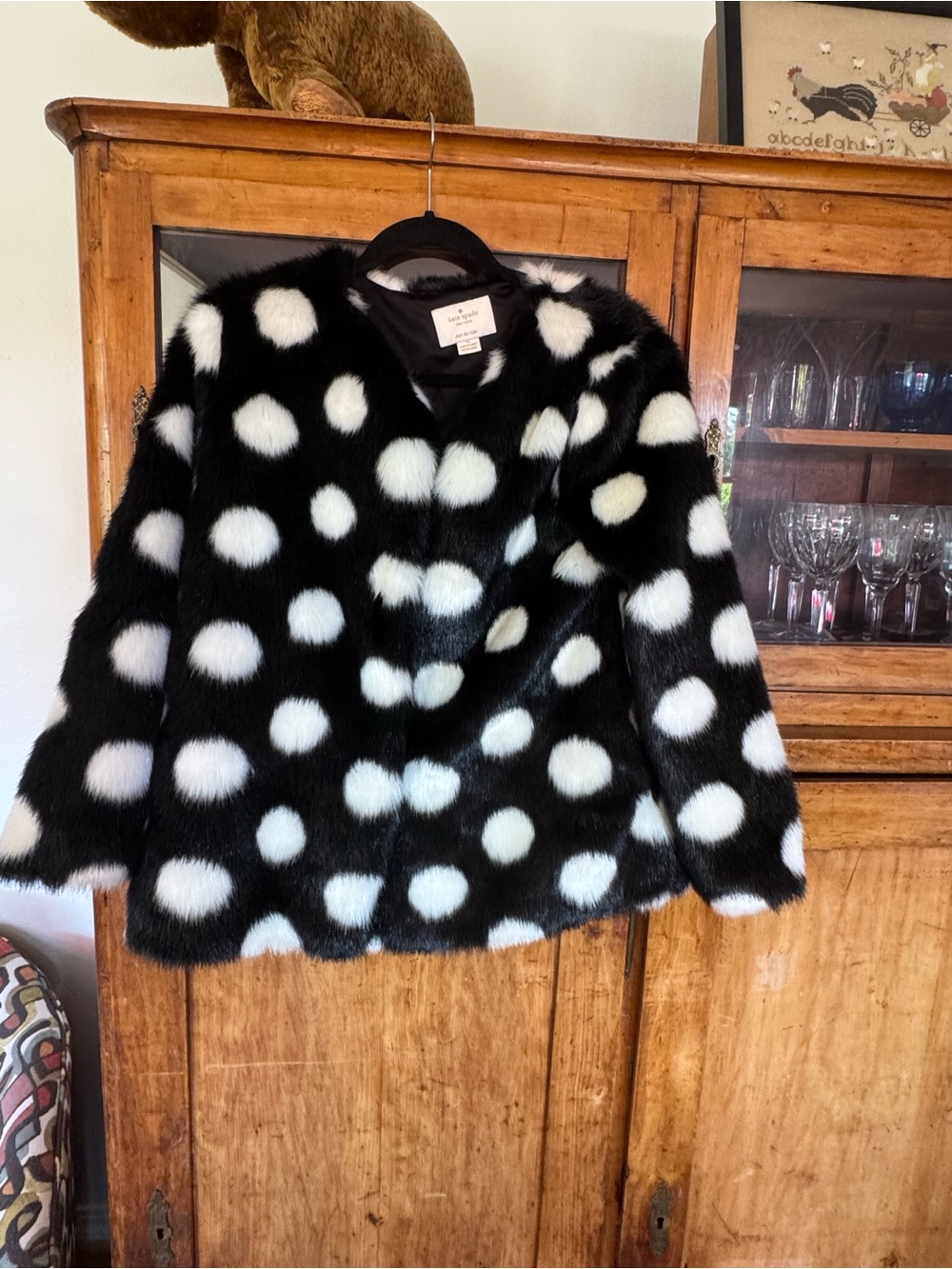 kate spade Black and White Polka Dot Faux Fur Jacket sz 14